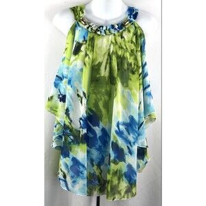 Cato Flowy Cold Shoulder Top S Green Abstract Chiffon Split Dolman beaded Beach